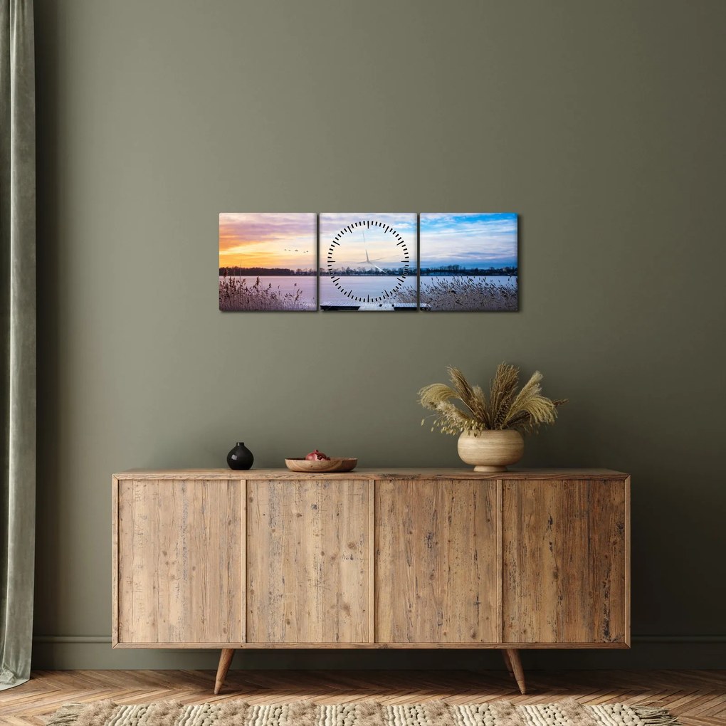 Kép - Befagyott tó, Ełk, Mazury, Lengyelország (órával) (90x30 cm)