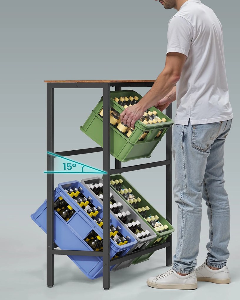 2 szintes, 6 rekeszes acél ital tároló állvány vintage barna és fekete színben