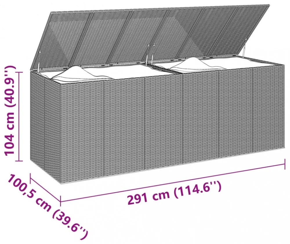 fekete polyrattan kerti párnatartó doboz 291 x 100,5 x 104 cm
