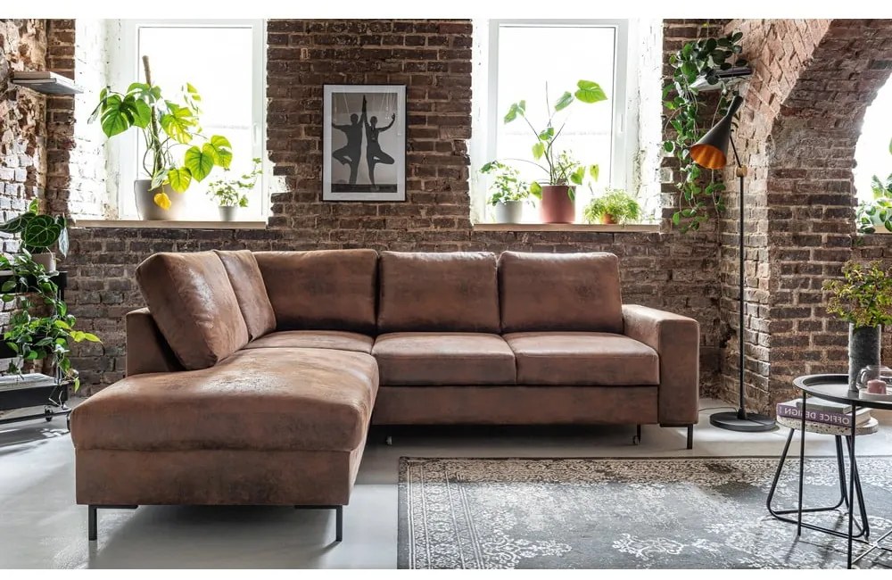 Barna bőrutánzat kinyitható sarokkanapé (bal oldali) Lofty Lilly – Miuform