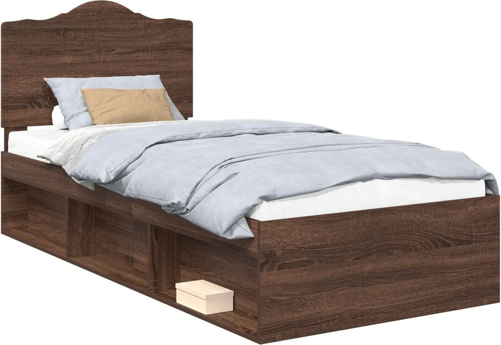 vidaXL Ágykeret fejtámlával Barna Tölgy 90 x 200 cm Tömör fenyőfa