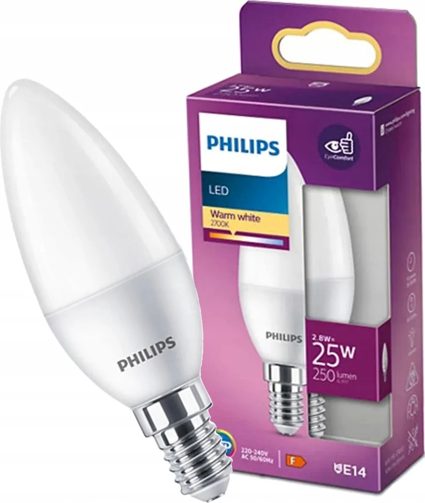Led izzó Gyertya E14 2,8W 25W 250lm 2700K Meleg fehér Philips