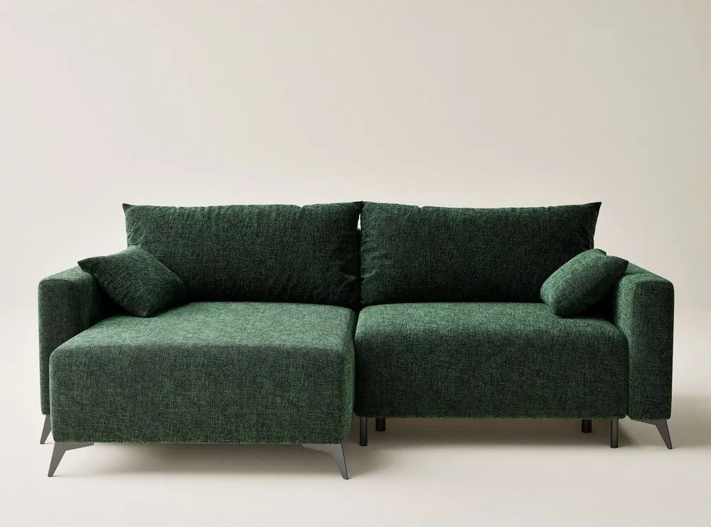 Sötétzöld zsenília kinyitható-tárolóhelyes sarokkanapé (bal oldali-heverő résszel) Leon – Maison de Rêve