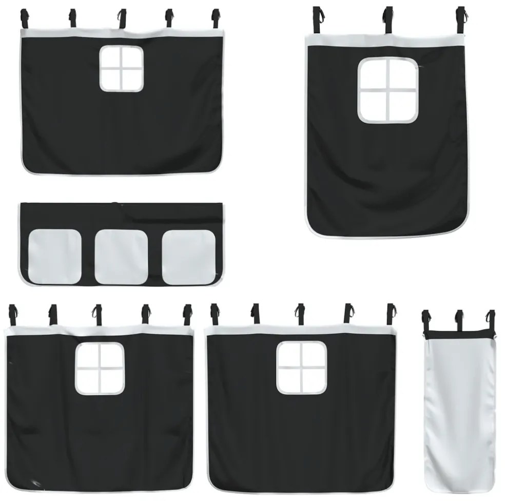 fehér-fekete tömör fenyő gyerek galériaágy függönnyel 90x190 cm