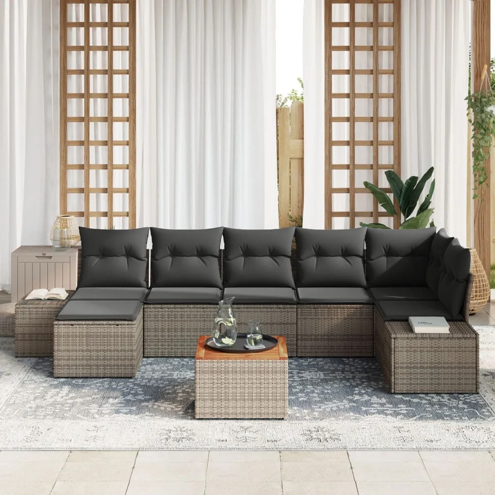 8 darabos Kerti Kárpitos Szett Párnákkal Szürke Poli Rattan Acacia
