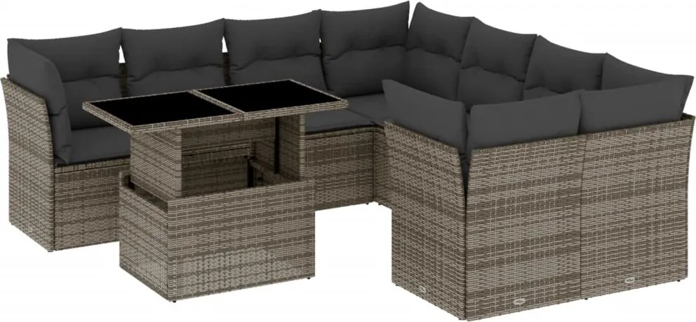vidaXL 9 részes szürke polyrattan kerti ülőgarnitúra párnákkal