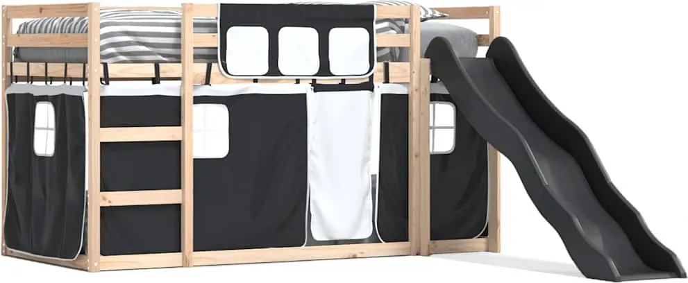 vidaXL fehér-fekete emeletes ágy csúszdával és függönnyel 80 x 200 cm