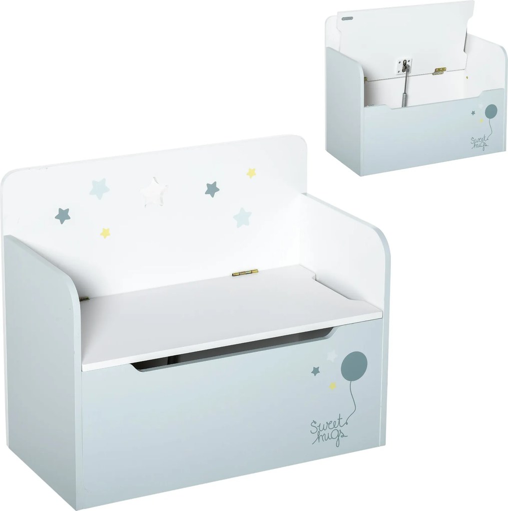 HOMCOM Gyerek 2 az 1-ben Fa Tároló Pad háttámlával 3-6 éves gyermekeknek, 60x30x50 cm, Világoskék | Aosom