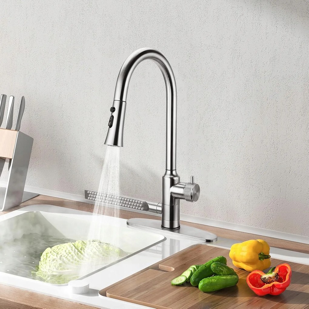 Konyhai csaptelep Csaptelep 4in1 kihúzható kifolyócsővel 360° Rozsdamentes acél Ezüst