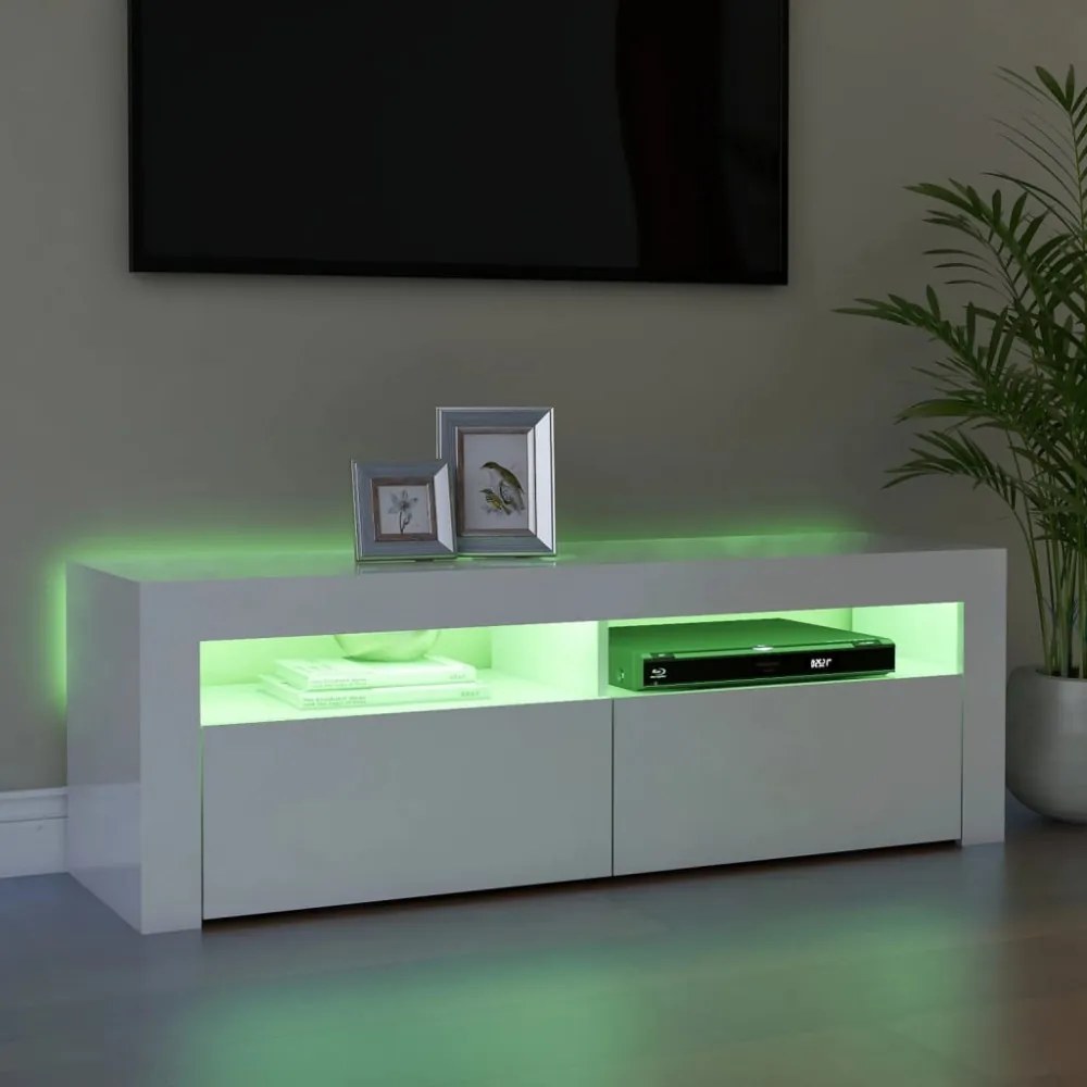 magasfényű fehér TV-szekrény LED lámpákkal 120 x 35 x 40 cm