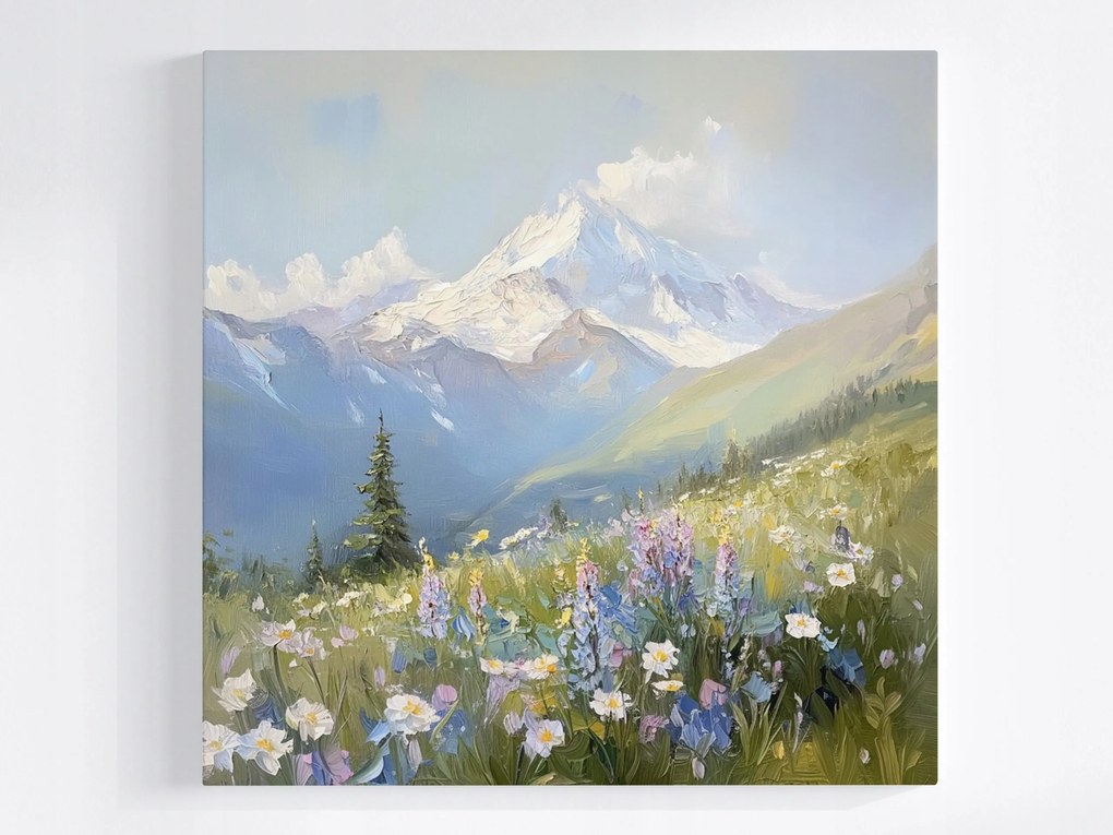 Vászonkép Canvas Tájkép Hegyek Csúcsok Alpok Rét Virágok Tavasz 40x40