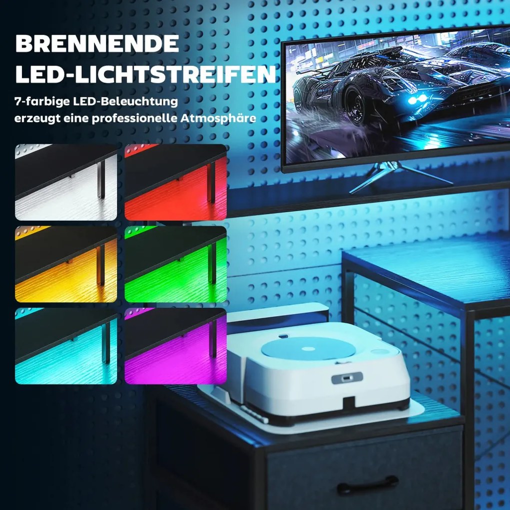 HOMCOM Gamer asztal LED-del és konnektorokkal, dupla monitoros állvánnyal, fekete