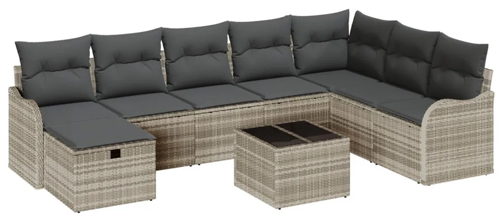 9 Darabos Kerti Sofa Készlet Párnákkal Világosszürke Poli Rattan, 2-Személyes Kerti Sofa Tárolóval és Párnákkal Világosszürke Poli Rattan