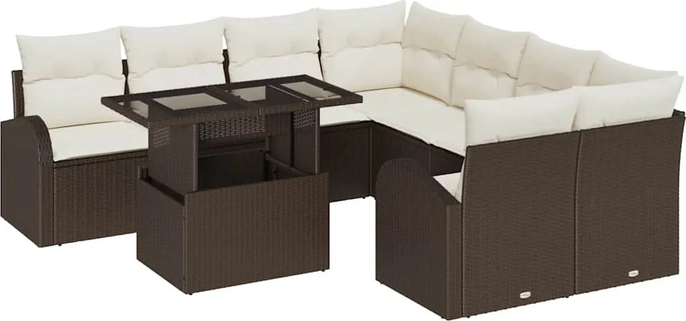 vidaXL Kerti Kanapé Szett párnával tárolóval 9 pcs Barna Poly Rattan