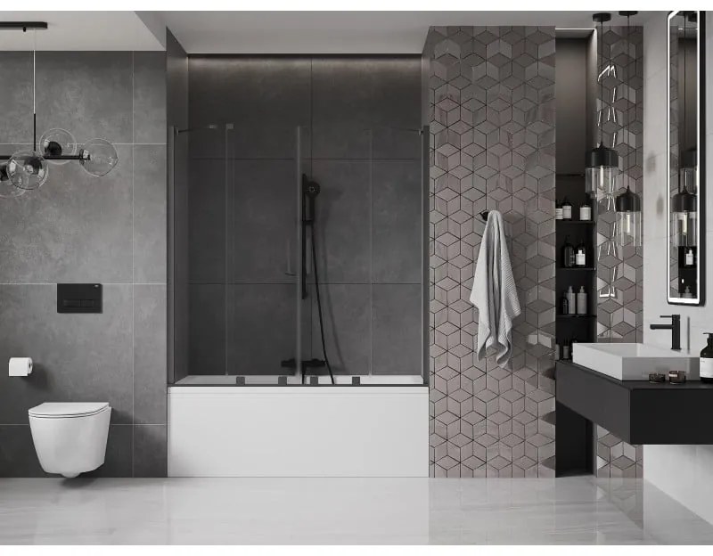 Mexen Velar Duo, 2 szárnyas eltolható kádparaván 150 x 150 cm, 8mm átlátszó üveg, fekete matt profil, 896-150-000-02-70