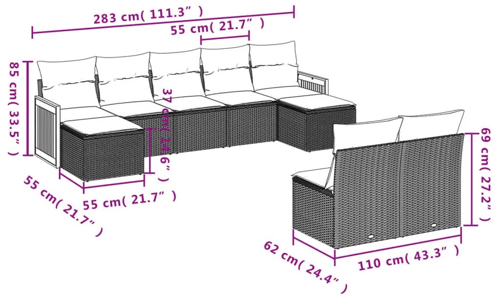 9 részes bézs polyrattan kerti ülőgarnitúra párnákkal