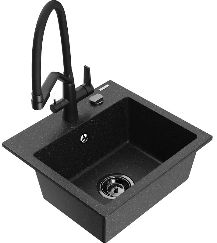Mexen Milo 1-medencés gránit mosogató Duo konyhai csapteleppel, fekete/ezüst metál - 6505-73-671701-70-B