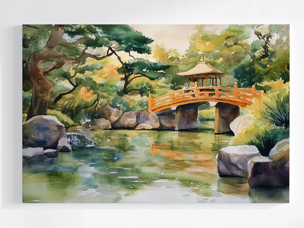Poszter Tájkép Park Kert Japán Híd Ázsia Akvarell 120x80