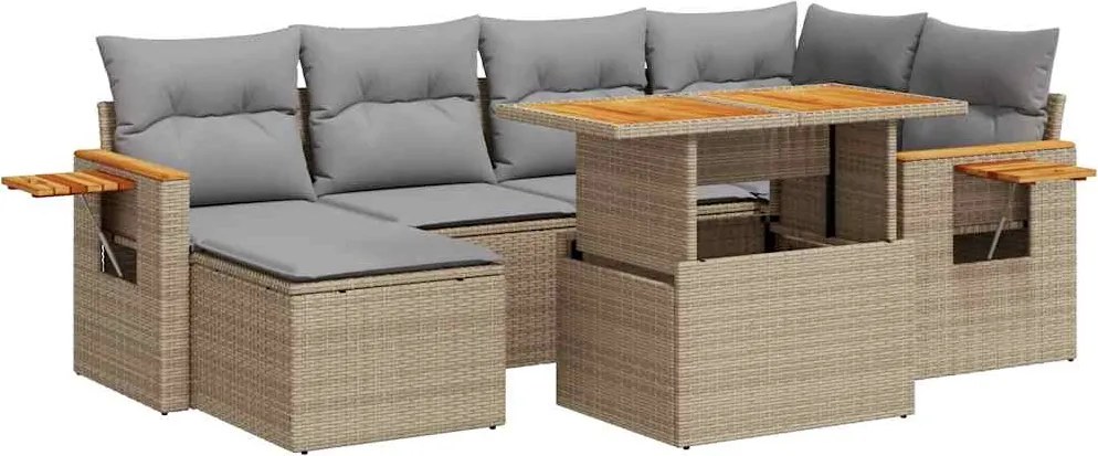 vidaXL 7 részes bézs polyrattan akácfa kerti ülőgarnitúra párnákkal