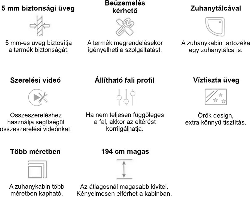 Spirit Clear 90x90x194 cm-es szögletes zuhanykabin, erősített akril zuhanytálcával fekete