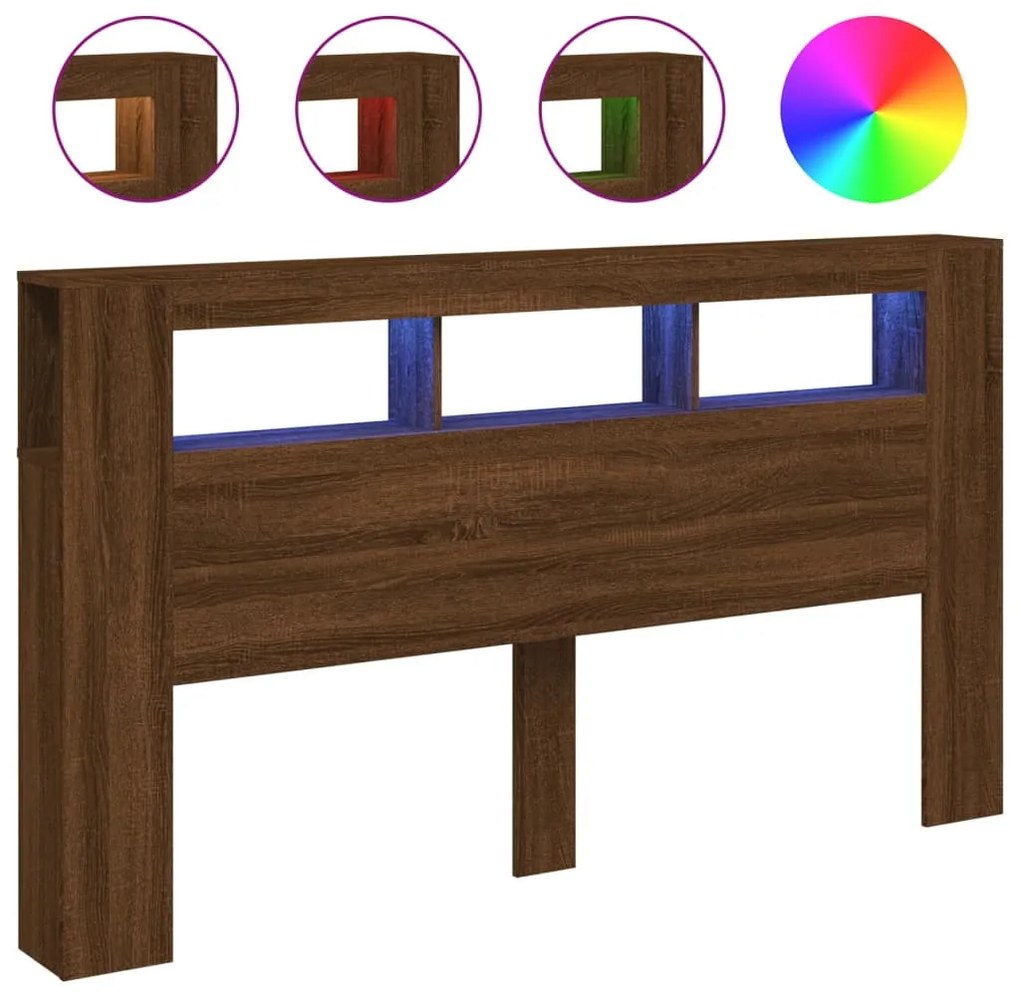 barna tölgyszínű szerelt fa LED-es fejtámla 180x18,5x103,5 cm