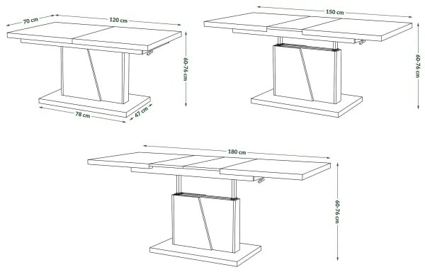 NINO fehér/szürke beton kihúzható, emelhető konferencia/étkezőasztal