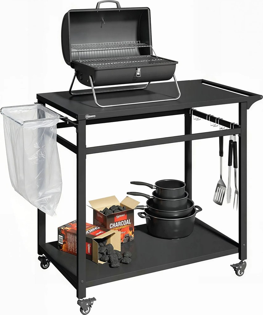 Outsunny kültéri BBQ kocsi 2 fémpolccal, kerekekkel, fogantyúval, szeméttartóval és akasztókkal, 113 x 50,5 x 88 cm — Aosom