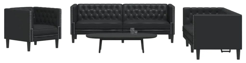 3 részes fekete műbőr Chesterfield kanapégarnitúra
