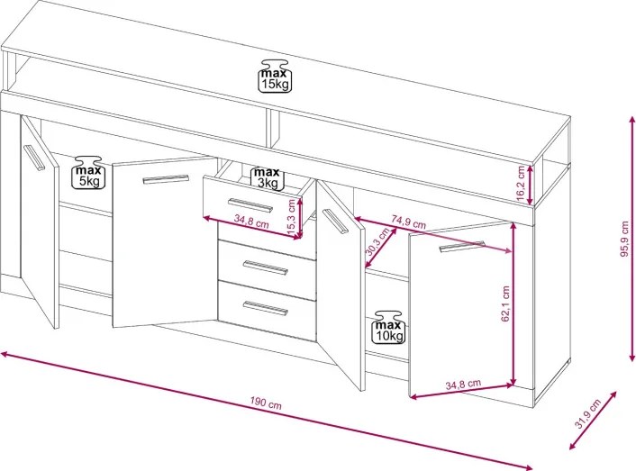 Komód 4 ajtóval és 4 fiókkal kasmír színben – XXL LUNA