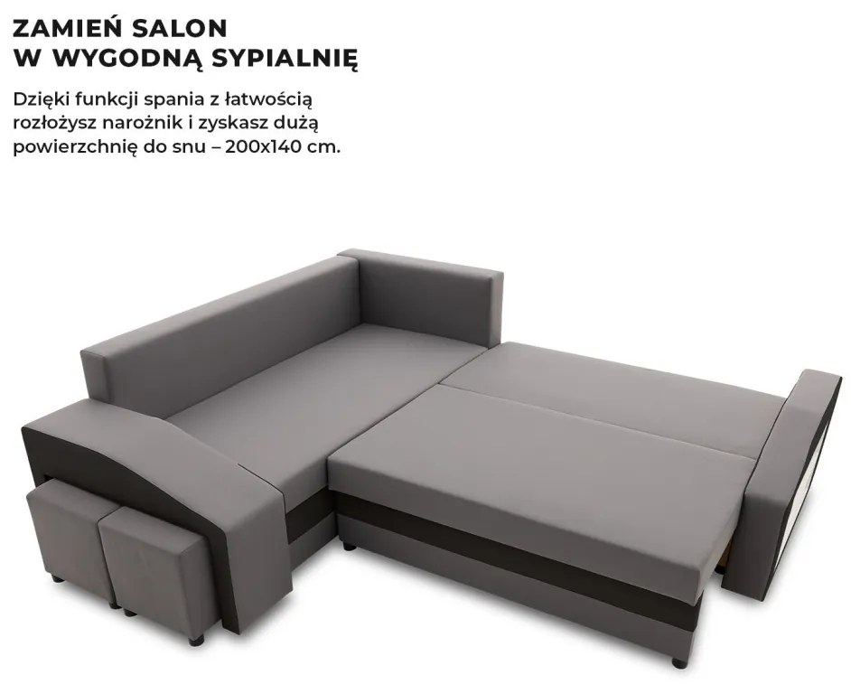 Grande sarokkanapé polcokkal és puffokkal , polc a jobb karfaban puffok a bal karfaban, baloldali, szövet anyag, bonell töltet, szürke - fekete