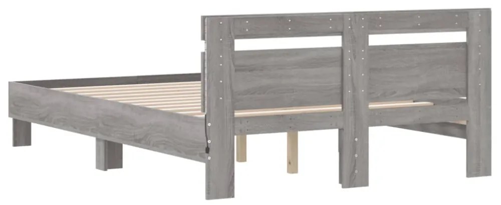 szürke sonoma színű ágykeret fejtámlával és LED-del 135x190 cm