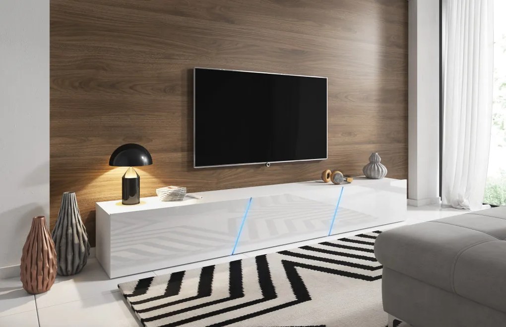 Magasfényű Fehér Lebegő TV Állvány LED Világítással. 240 cm. SLANT 240