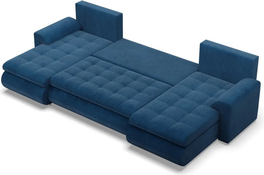 Tokio U alakú sarokkanapé, 3 ágyneműtartóval, kordbársony, univerzális oldal, kék