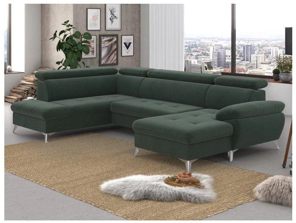 Zöld CATANIA balos U-alakú sarokkanapé tárolóval, ággyá nyitható
