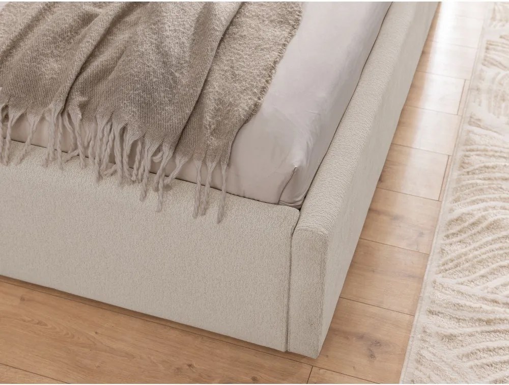 Bézs kárpitozott ágyneműtartós franciaágy ágyráccsal 200x200 cm Cille – Ropez