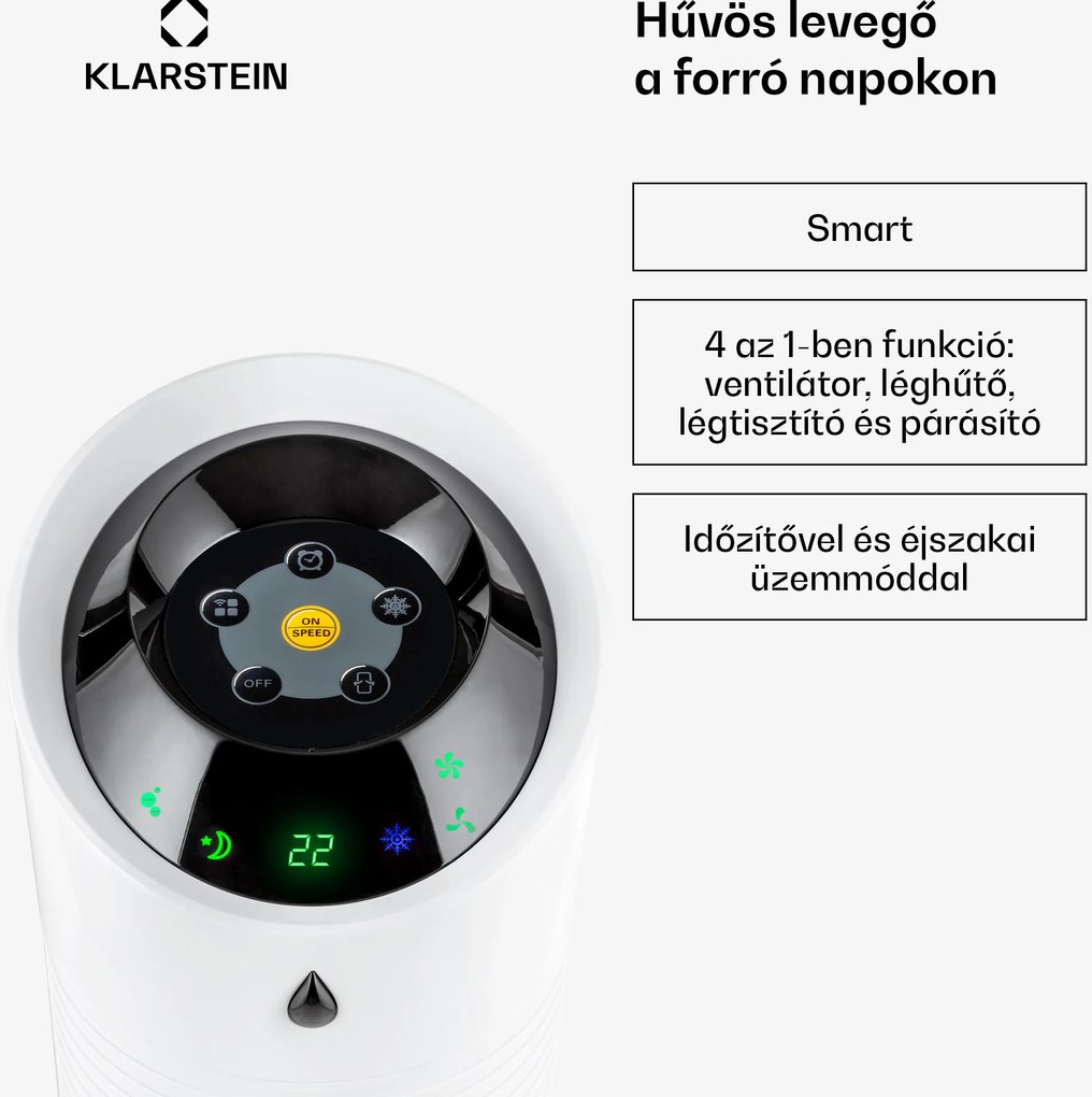 Klarstein Skyscraper Ice Smart, 4 az 1-ben, léghűtő és ventilátor, WiFi, 210m³/ó, távirányítóval