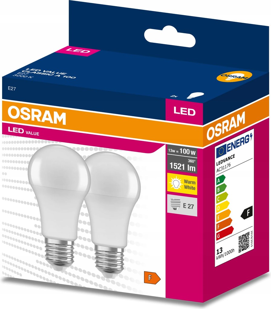 2x Led izzó E27 A60 13W 100W 1521lm 3000K Meleg 200° Osram Value