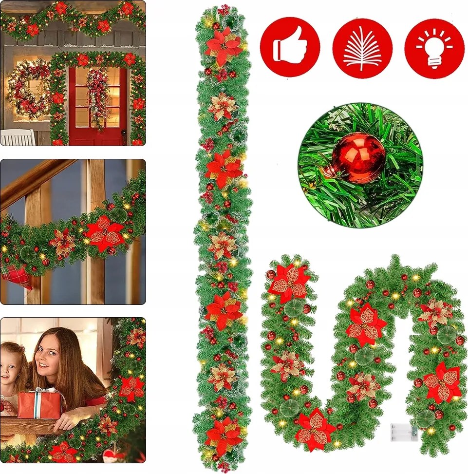 Karácsonyi Koszorú Kandallóhoz, 2,7 M, Világító Karácsonyi Dekoráció