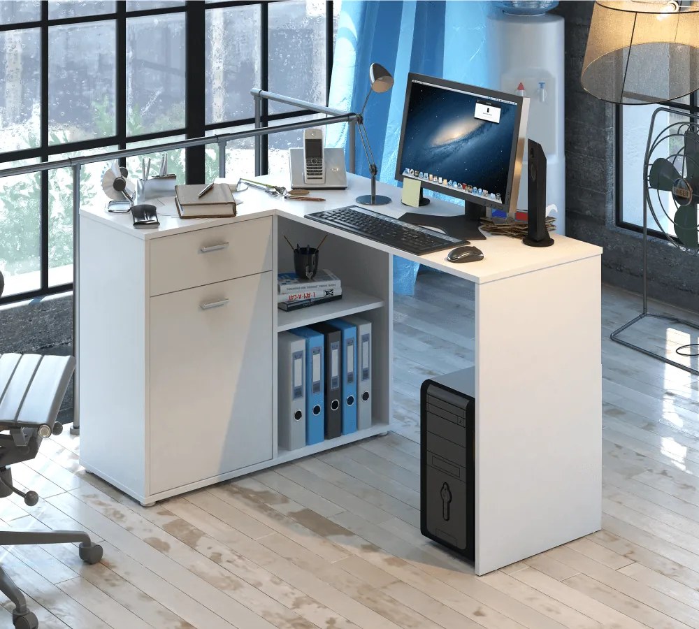 Sarok PC asztal, fehér, KALIMERO