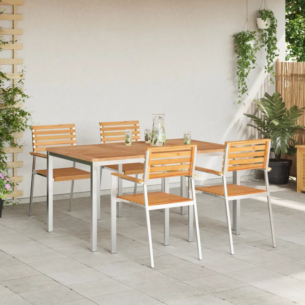 5 részes Kerti étkező garnitúra Tömör fából, Kültéri étkező asztal 150x90x75 cm Tömör fából, Összecsukható kerti székek 4 db Tömör fából és acélból