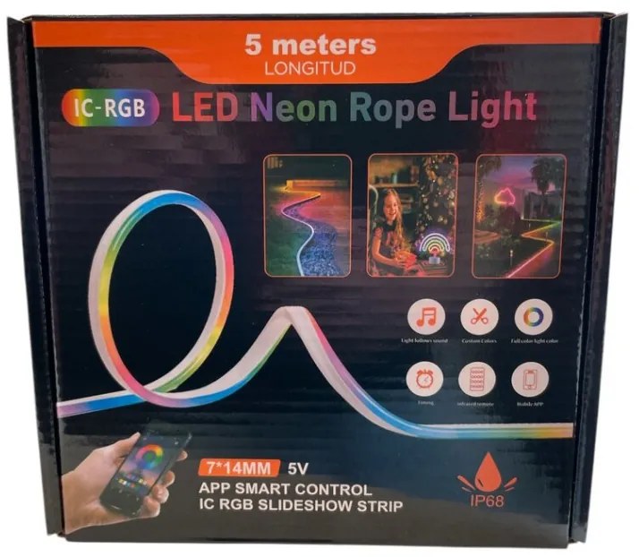 Neon LED szalagfény 5M - Applikációval és távirányítóval - IC-RGB - 7*14MM