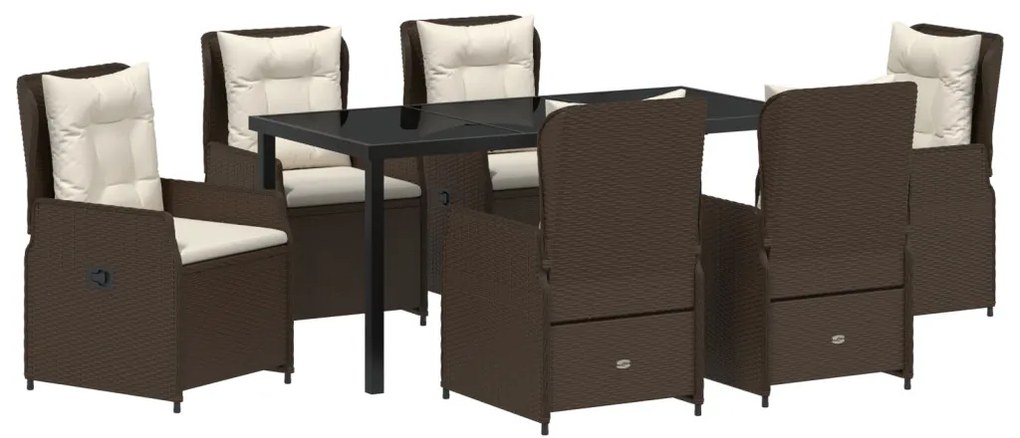 7 darabos kerti étkező garnitúra barna polirattan, kerti asztal fekete 160x80x73 cm edzett üveggel