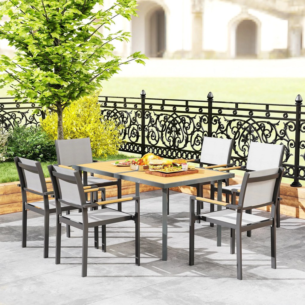 Outsunny Kerti Étkezőasztal 6 fő részére, Négyzet Alakú Fa Hatású Rozsdamentes Acél Felülettel Teraszra, 150 x 90 x 72 cm, Természetes fa | Aosom