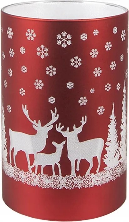 Piros üveg gyertyatartó Led világítással Szarvas télen 8x12 cm