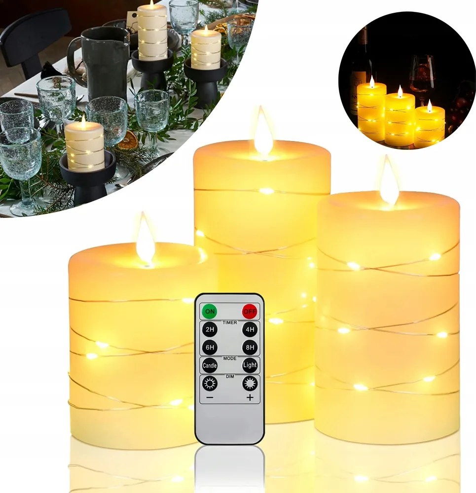 Led gyertyák,Akkumulátoros gyertyák,Beépített lámpákkal, 3 részes, Távirányítóval