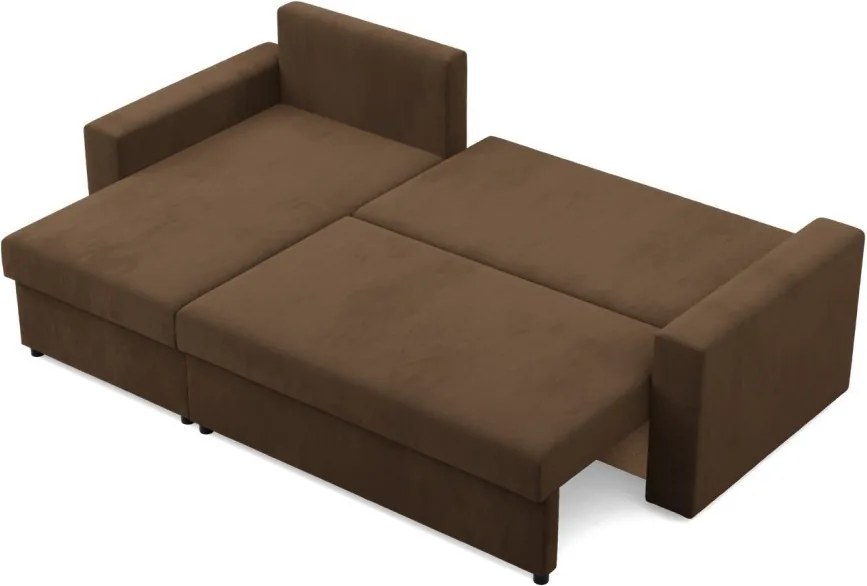 Zeus sarokkanapé, 2 ágyneműtartóval, egyenes kartámasz, szövet anyag, univerzális oldal, hab töltet, barna