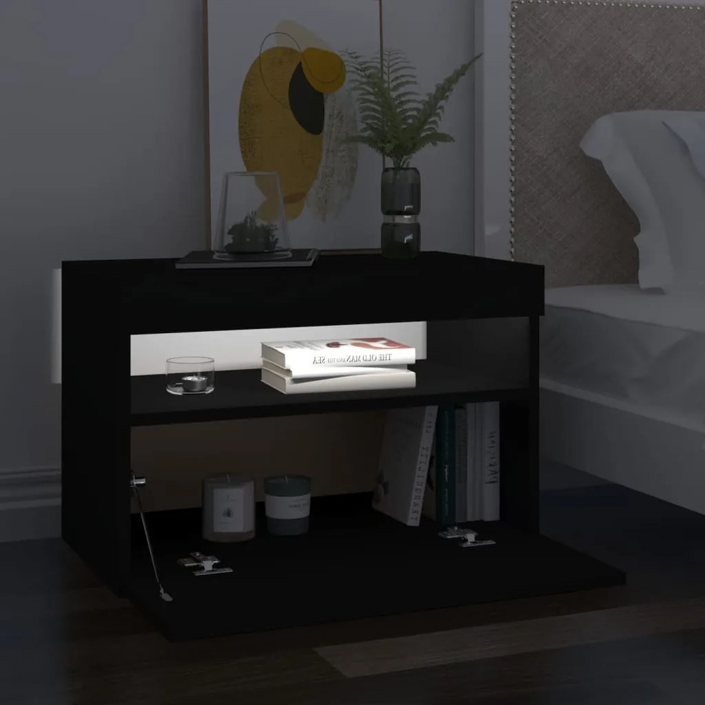 2 db fekete éjjeliszekrény LED-lámpákkal 60x35x40 cm szerelt fa