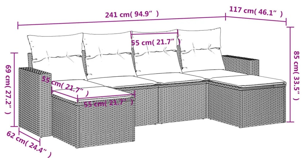 6 részes fekete polyrattan kerti ülőgarnitúra párnákkal