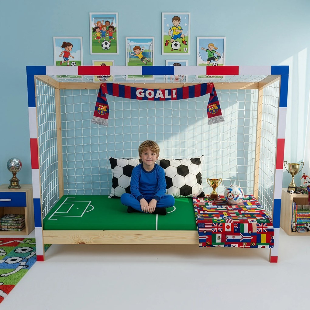 Montessori ágy, természetes/fehér/kék/piros, 90x200, FUTAL