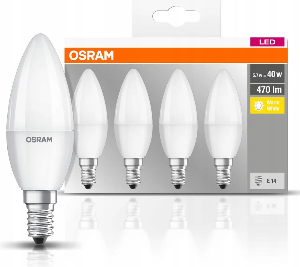 4x Led izzó E14 B35 5W 40W 470lm 2700K Meleg 300° Osram